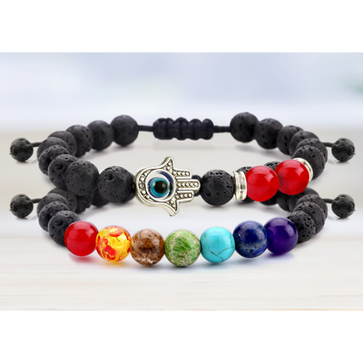 Set of 2: Lava Stone Chakra and Evil Eye Bracelet with Optional Essential Oils