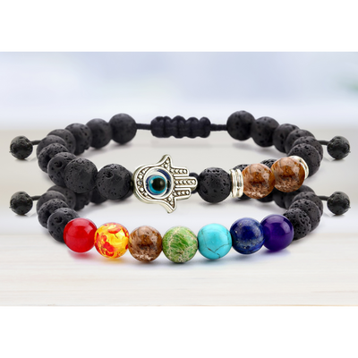 Set of 2: Lava Stone Chakra and Evil Eye Bracelet with Optional Essential Oils