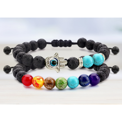 Set of 2: Lava Stone Chakra and Evil Eye Bracelet with Optional Essential Oils