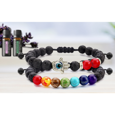 Set of 2: Lava Stone Chakra and Evil Eye Bracelet with Optional Essential Oils