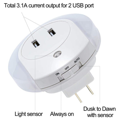 LED Night Light Dual USB Outlets