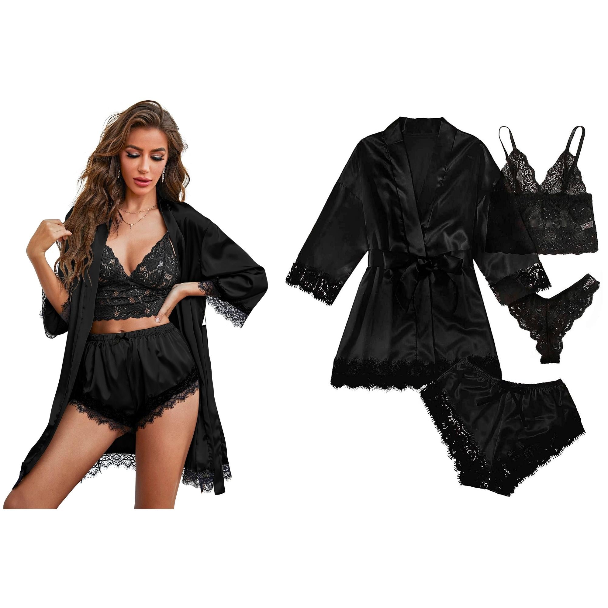 Women's 4 Piece Lace Satin Pajama Lingerie Set w/ Bra, Panties, Robe, Shorts