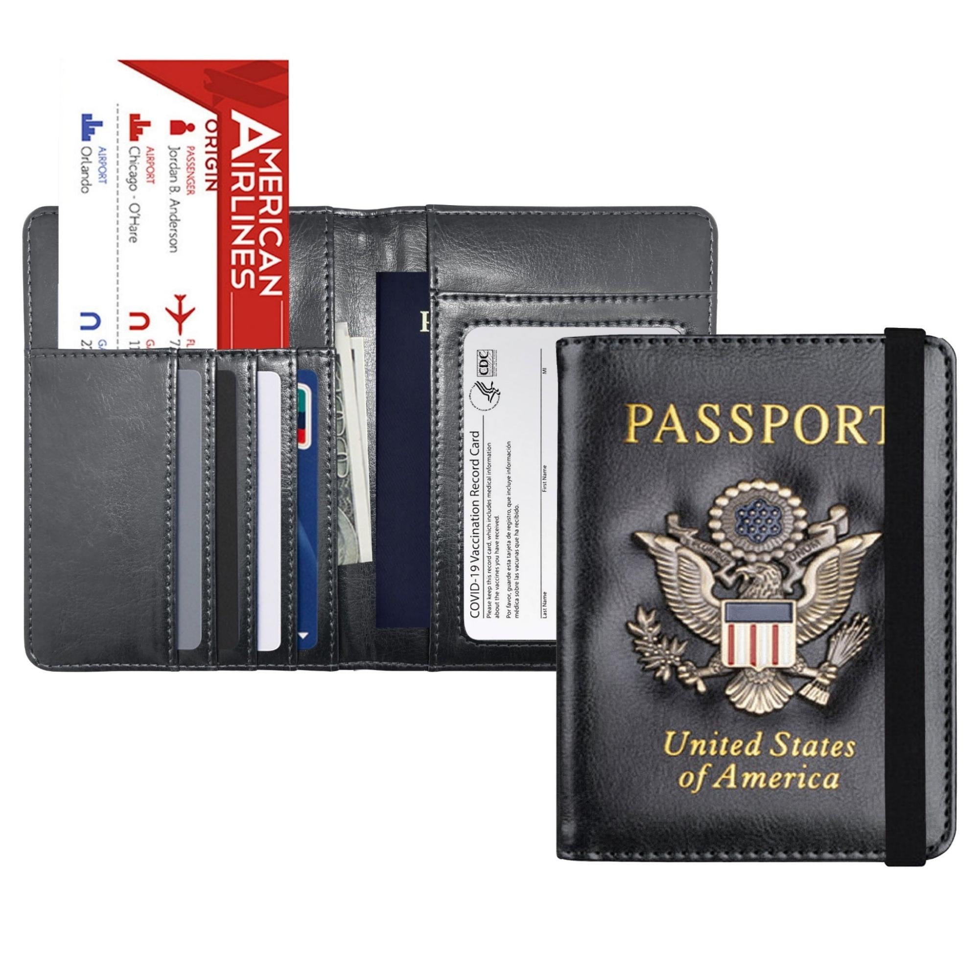 Leather Passport Wallet With Vaccination Card Slot & Elastic Strap