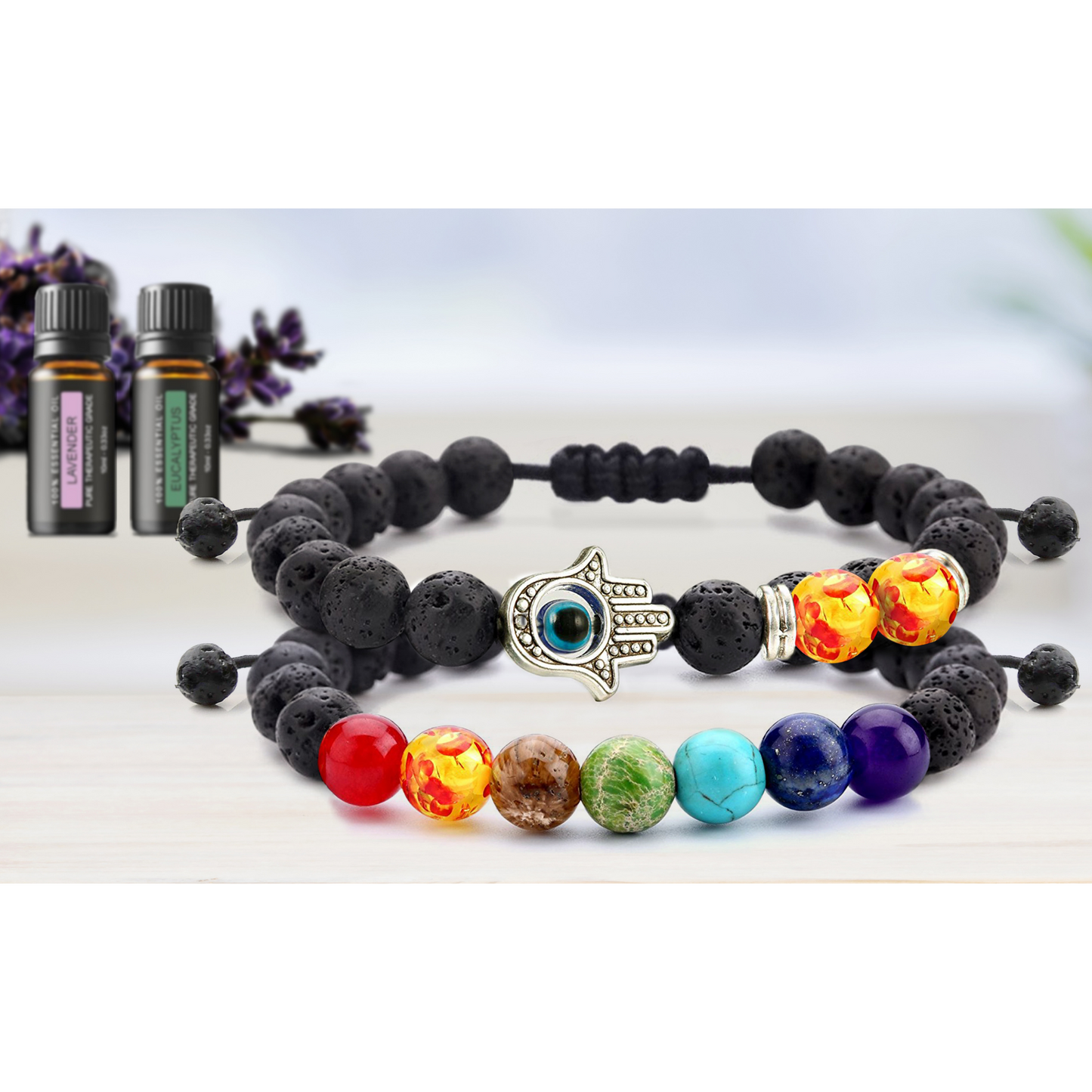 Set of 2: Lava Stone Chakra and Evil Eye Bracelet with Optional Essential Oils