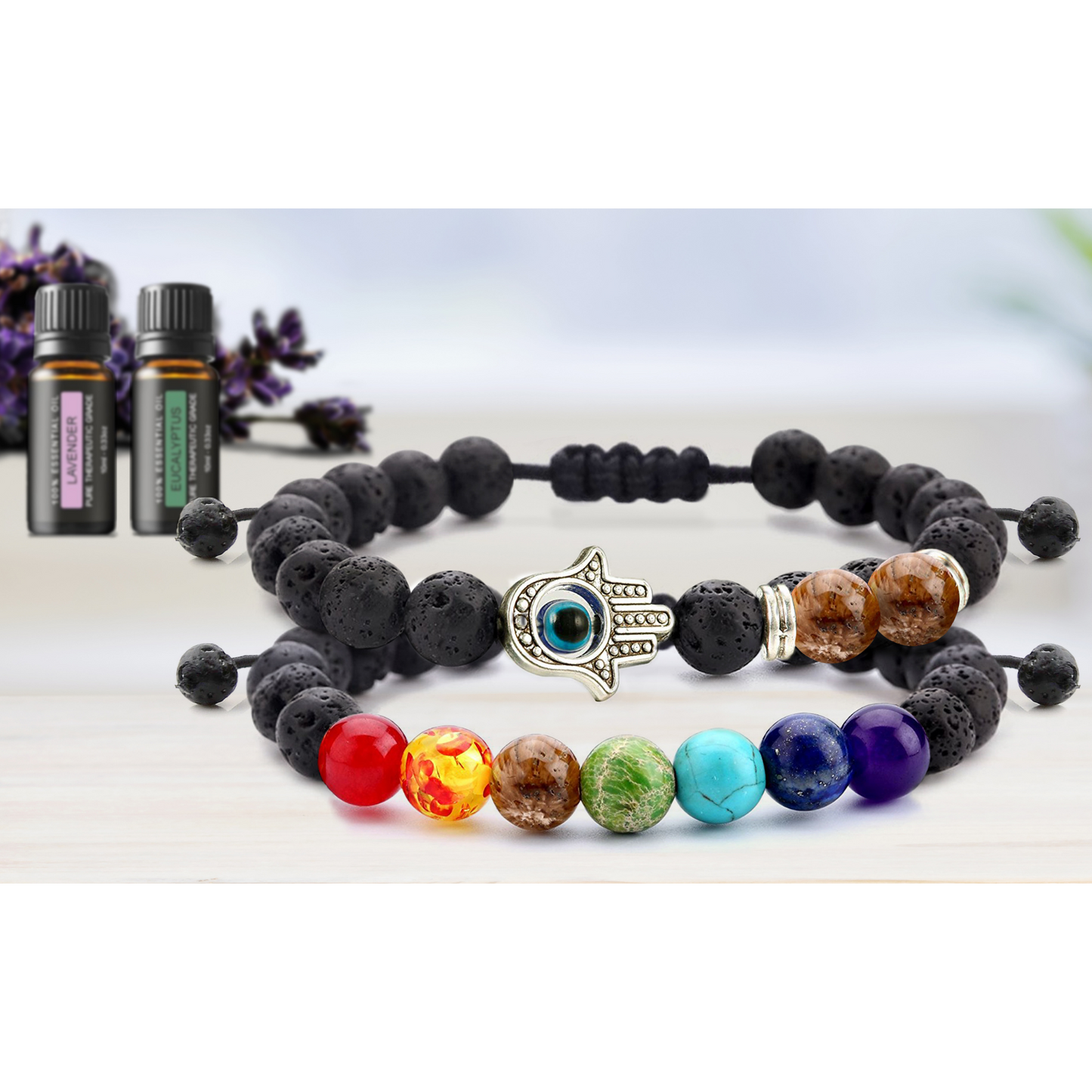 Set of 2: Lava Stone Chakra and Evil Eye Bracelet with Optional Essential Oils