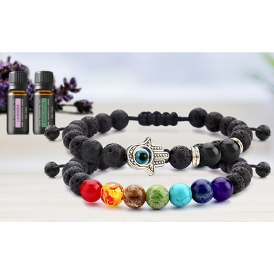 Set of 2: Lava Stone Chakra and Evil Eye Bracelet with Optional Essential Oils