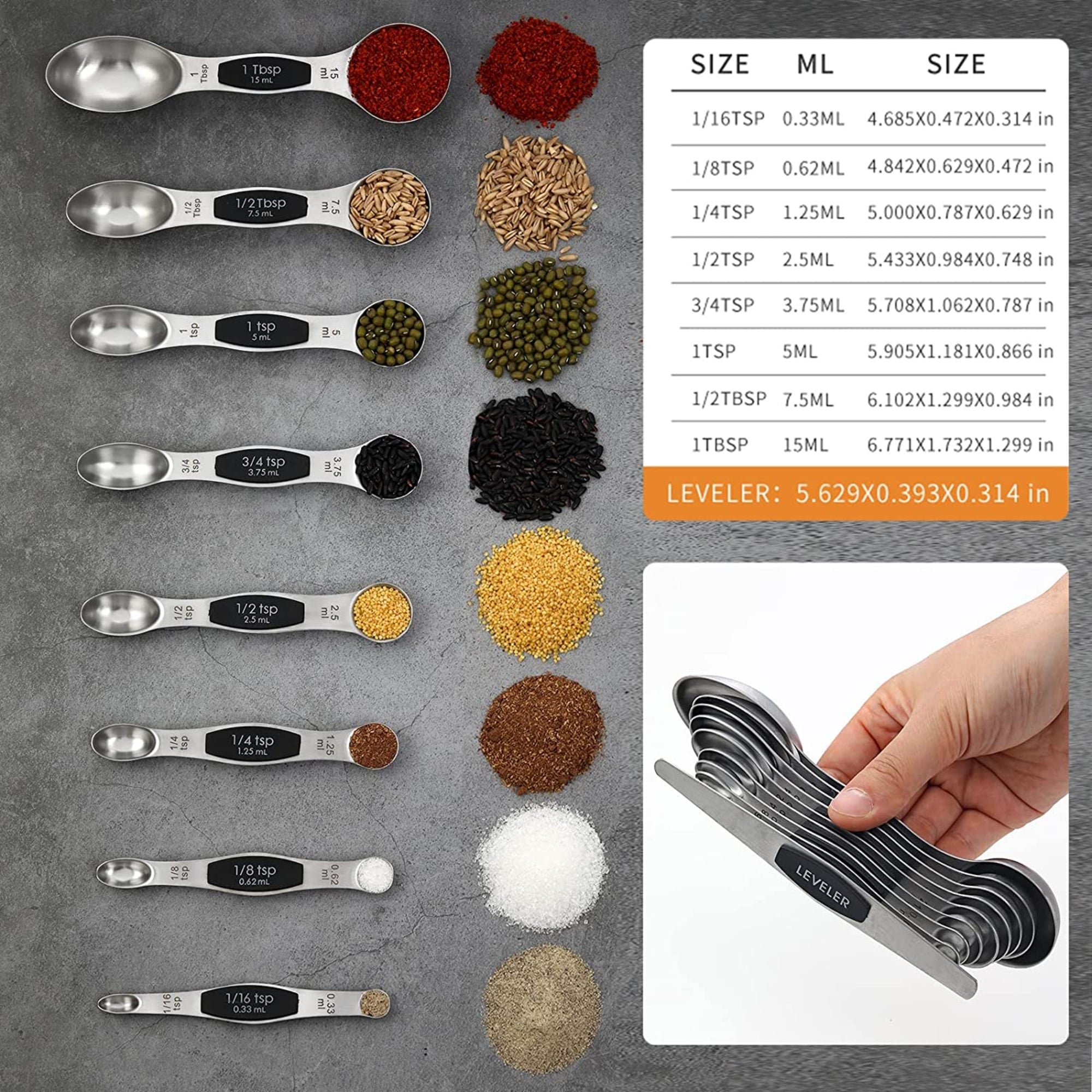 Dual Sided Stainless Steel Magnetic Measuring Spoons