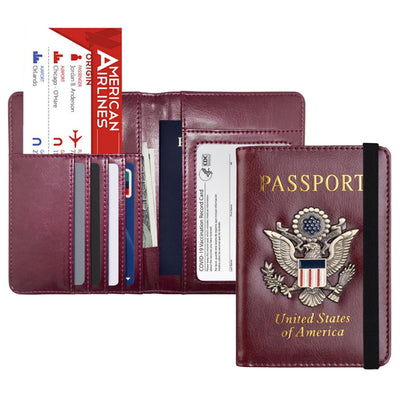 Leather Passport Wallet With Vaccination Card Slot & Elastic Strap