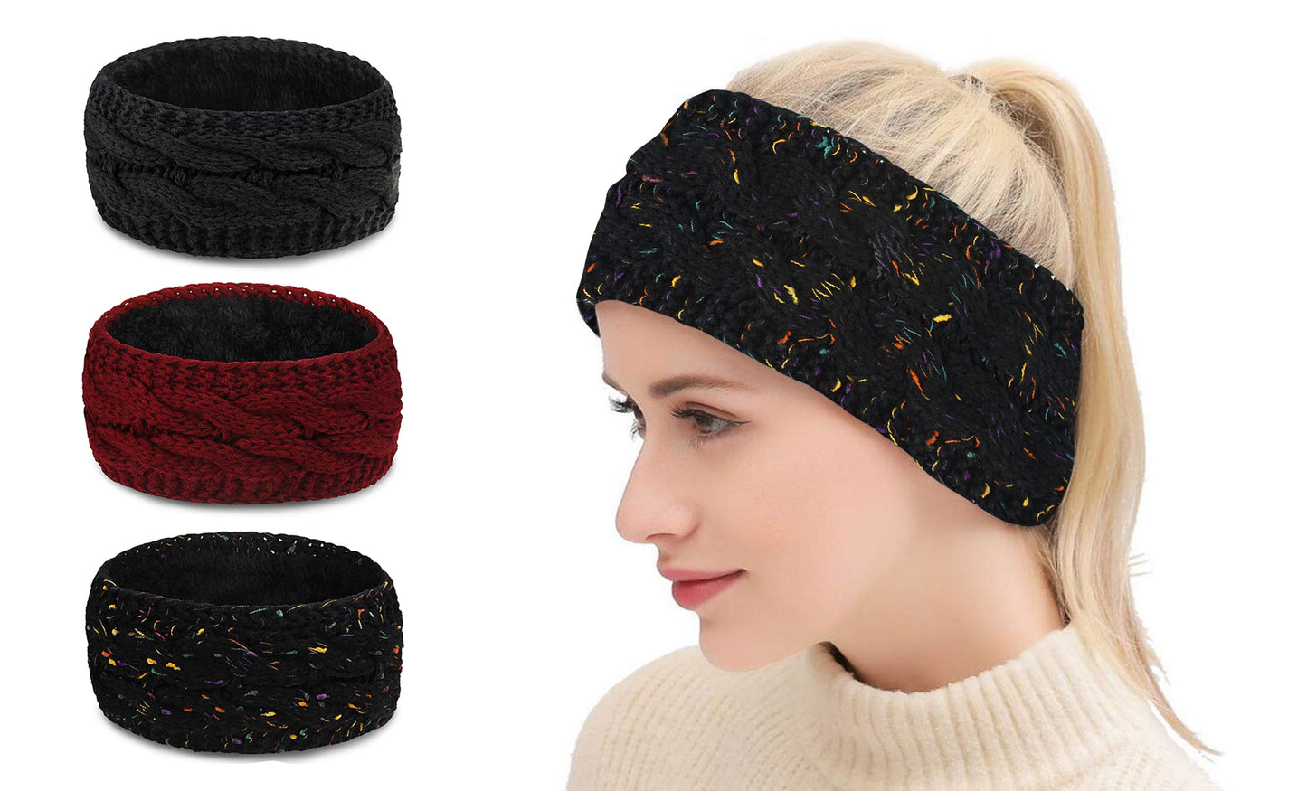 Women's Soft Winter Fleece-Lined Earband (3-Pack)