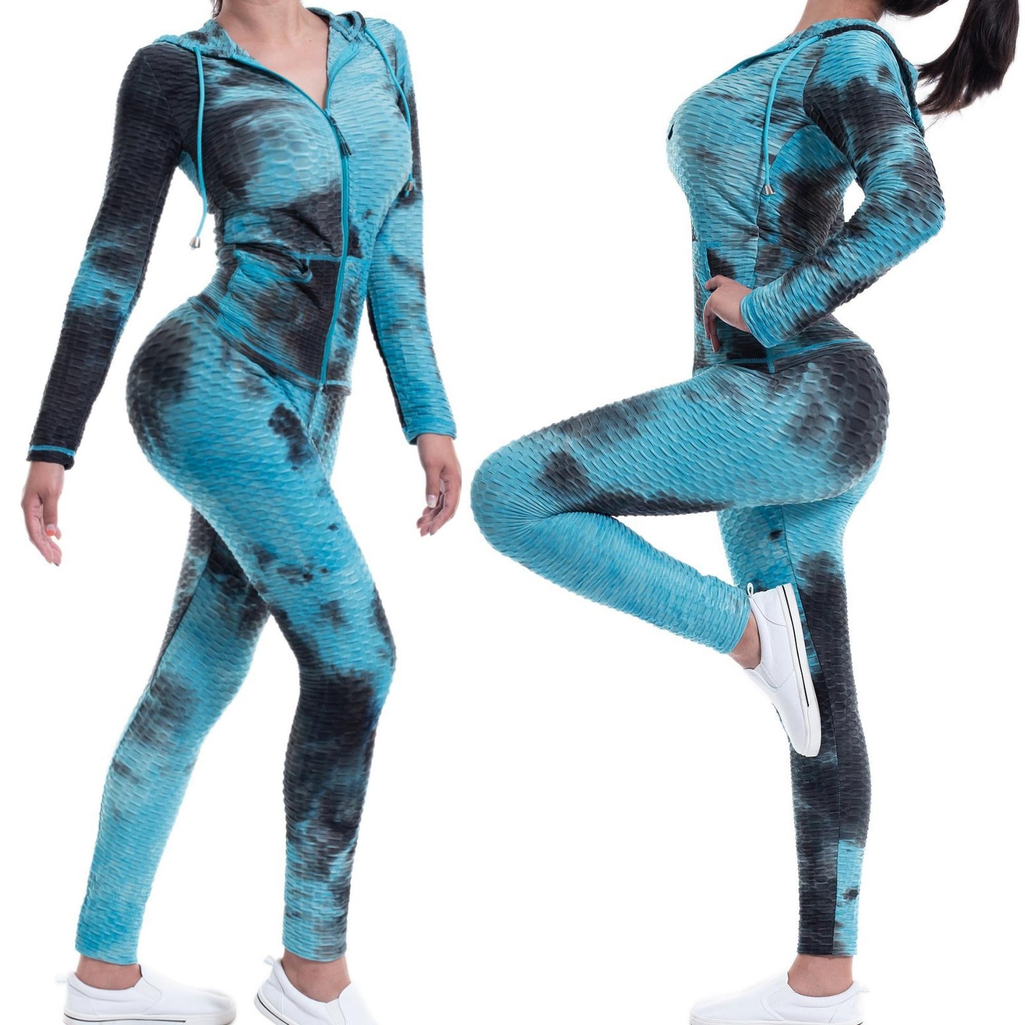 Women Textured High Waist Tummy Control Workout Leggings & Zip Up Jacket Set