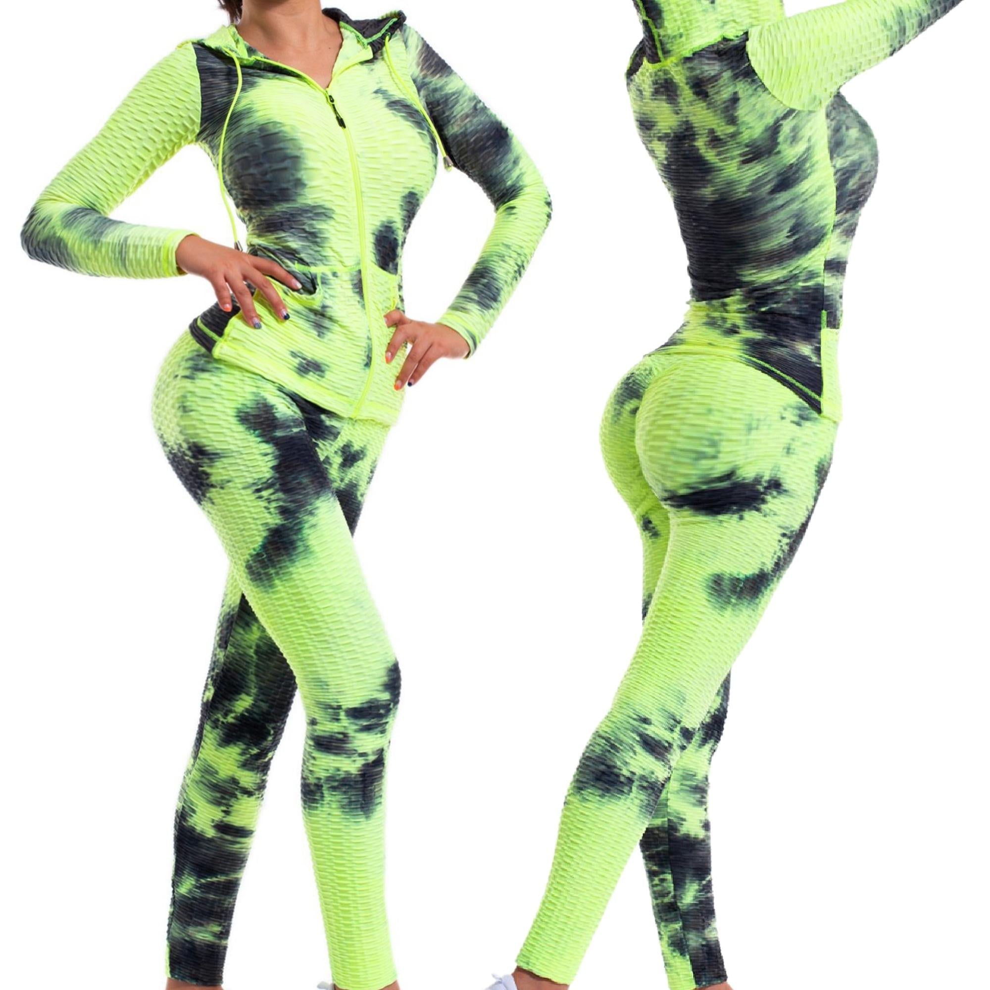 Women Textured High Waist Tummy Control Workout Leggings & Zip Up Jacket Set