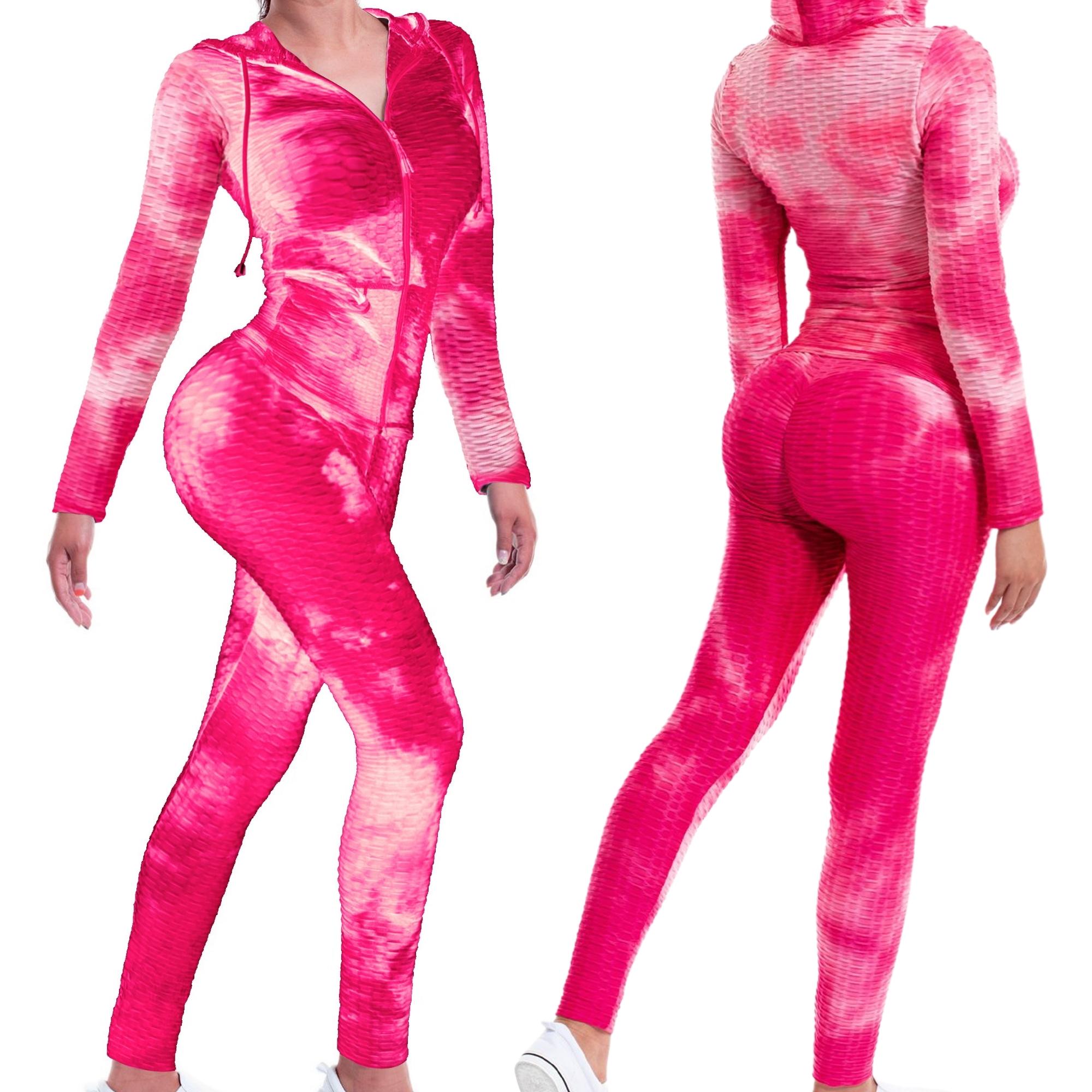 Women Textured High Waist Tummy Control Workout Leggings & Zip Up Jacket Set