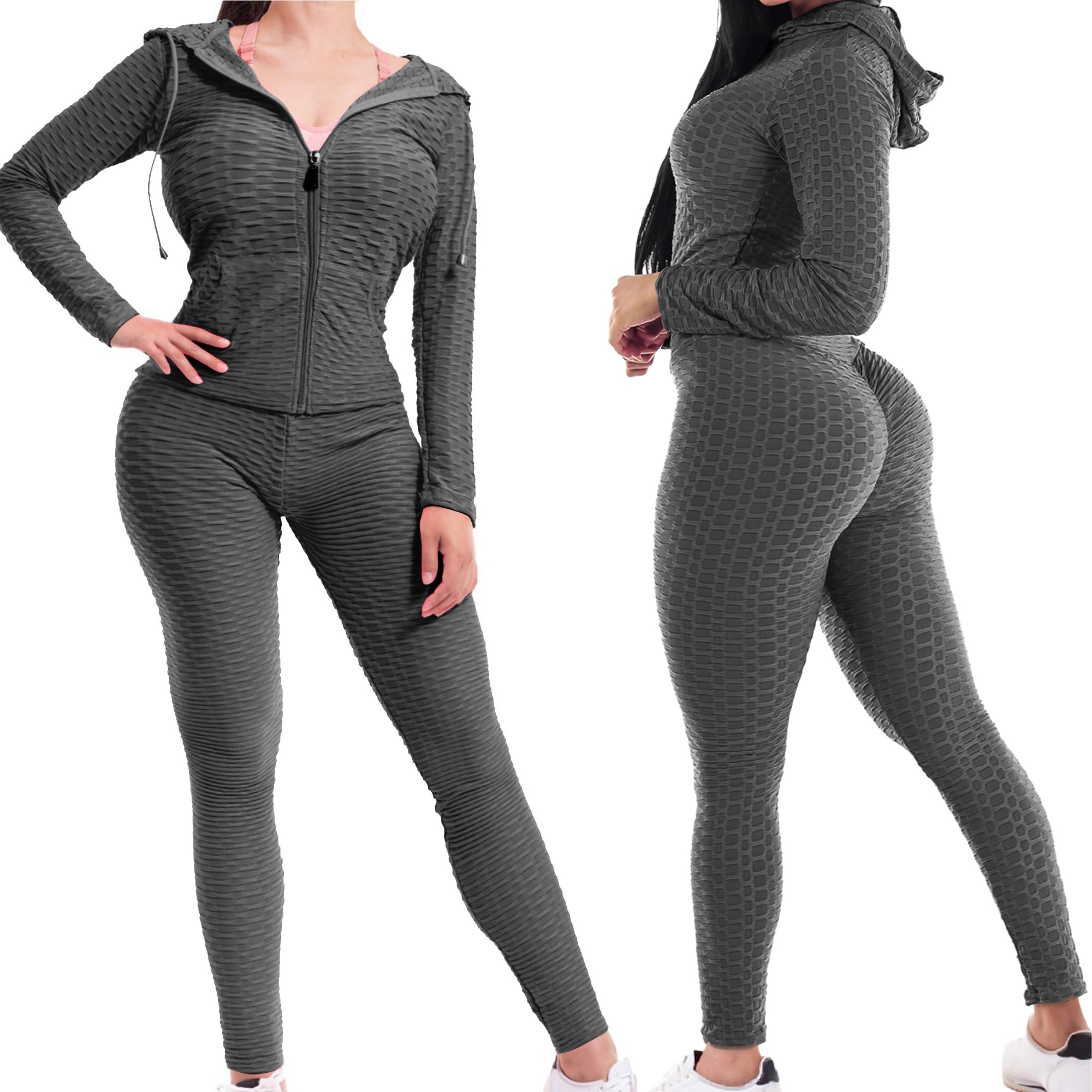 Women Textured High Waist Tummy Control Workout Leggings & Zip Up Jacket Set