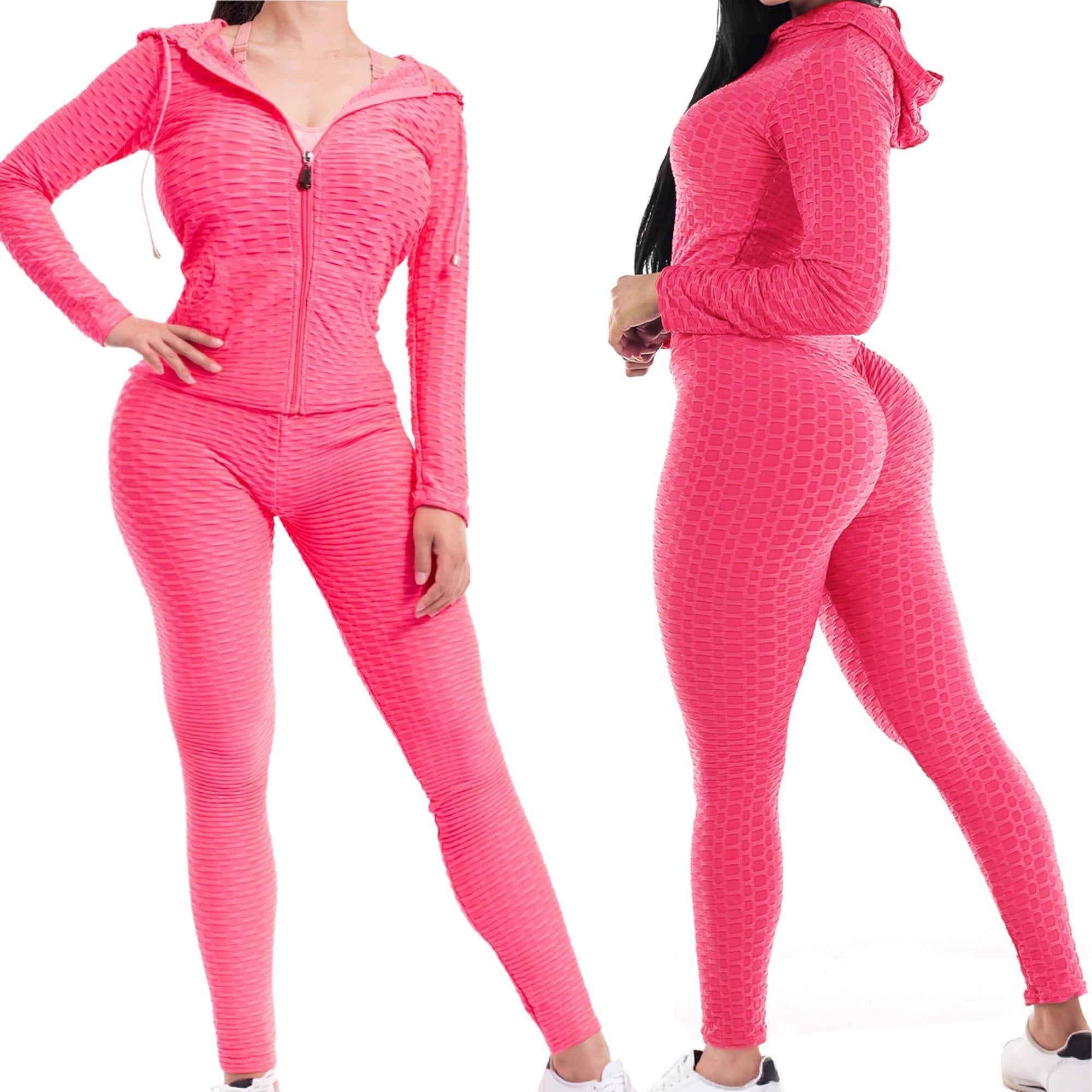 Women Textured High Waist Tummy Control Workout Leggings & Zip Up Jacket Set