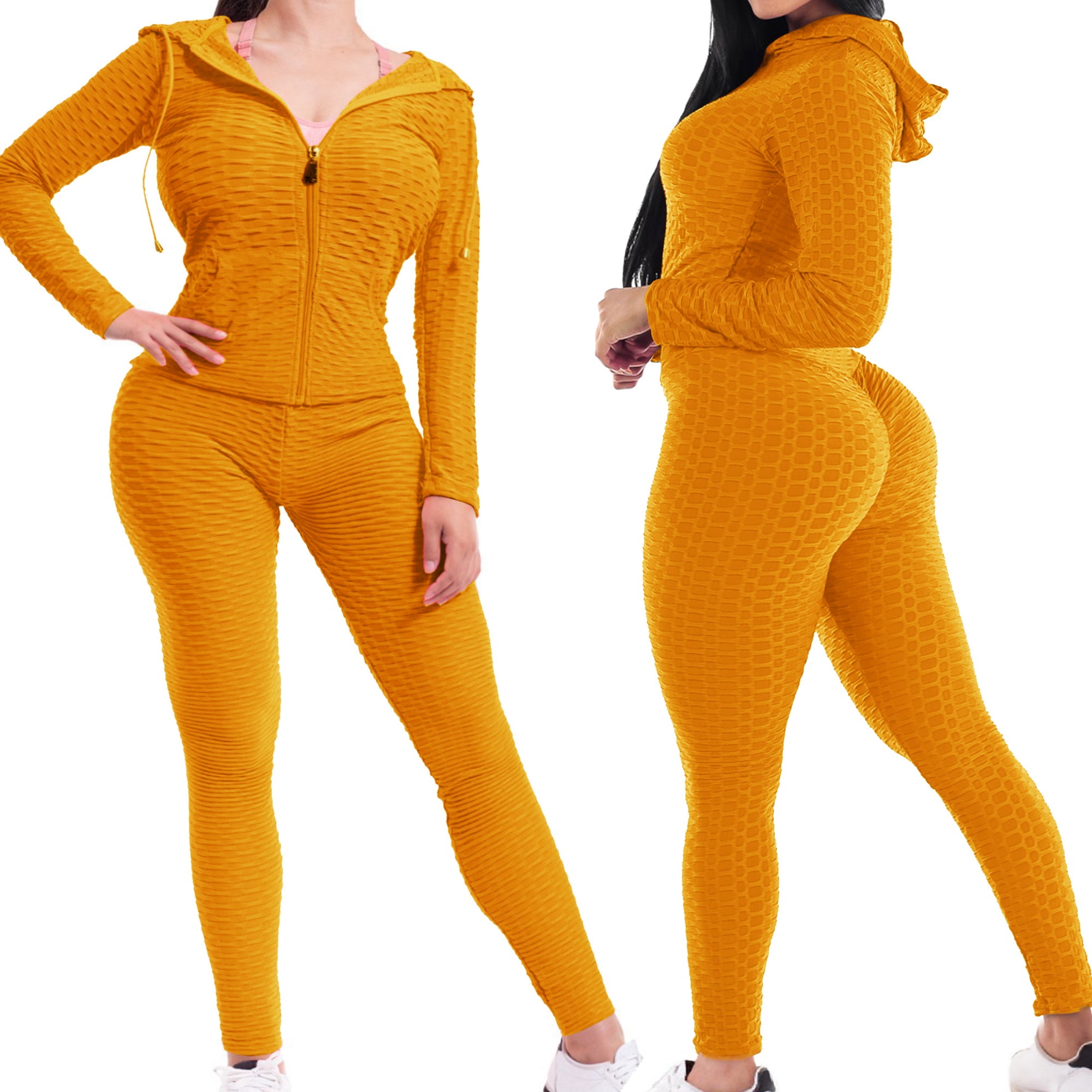 Women Textured High Waist Tummy Control Workout Leggings & Zip Up Jacket Set