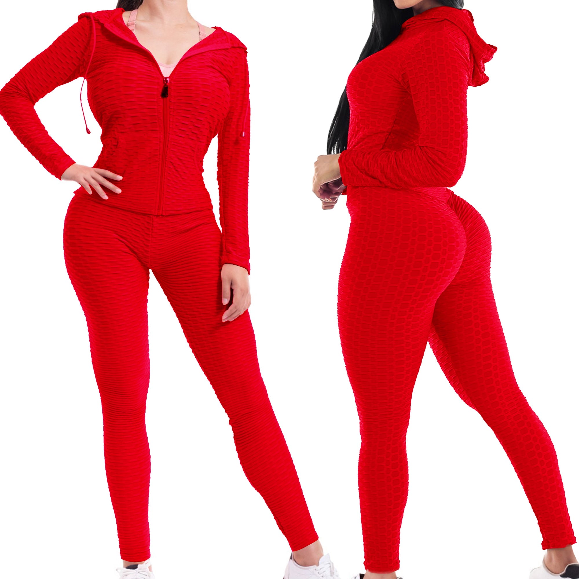 Women Textured High Waist Tummy Control Workout Leggings & Zip Up Jacket Set